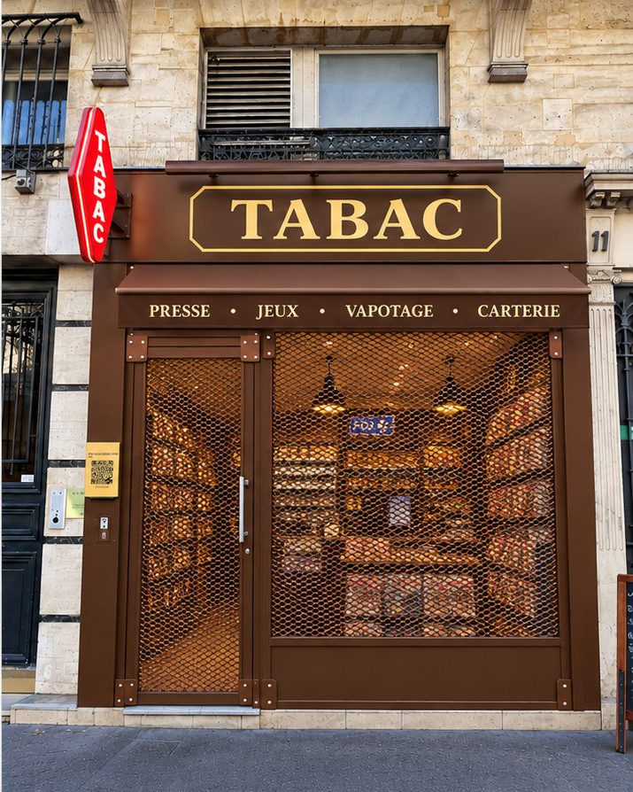 Bureau de tabac à Paris protégé par une grille LumiShield ajourée : la vitrine reste visible
